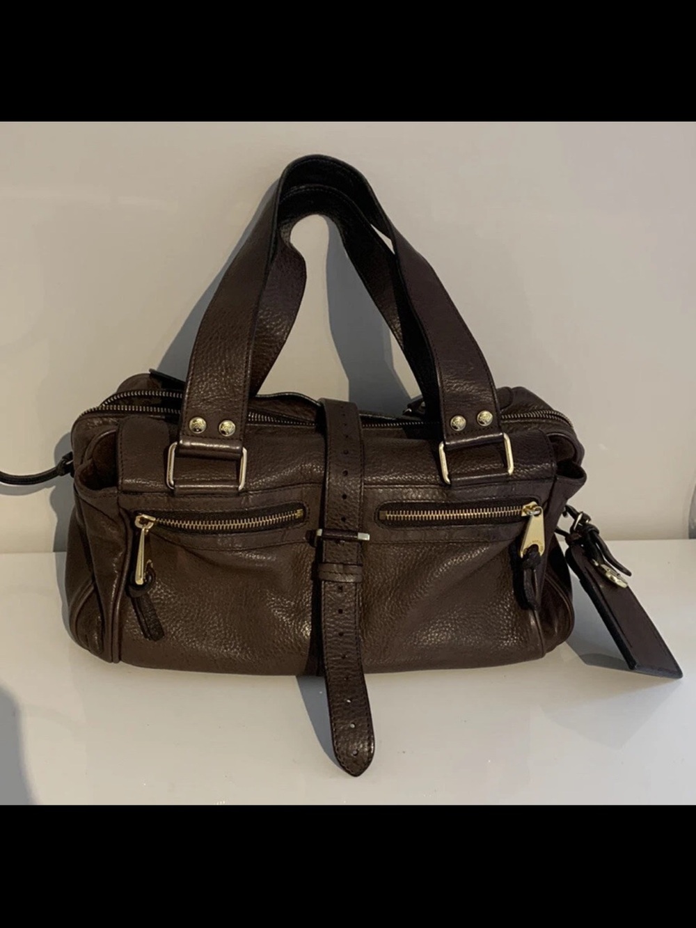 Mulberry Dark Brown Pebbled Leather Satchel Bag with Gold Hardware